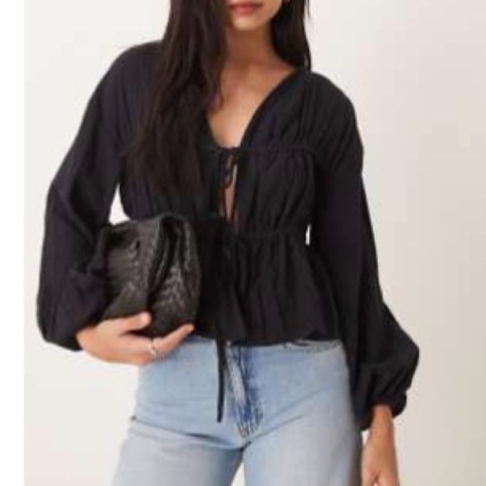 Asos long sleeve smock top with ties in black